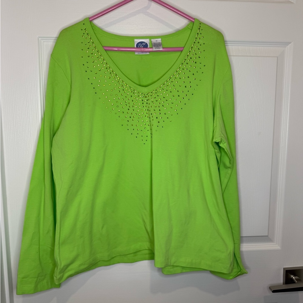Diane Gilman DG2 Blouse Top Lime Green‎ Sequins Womens  1X